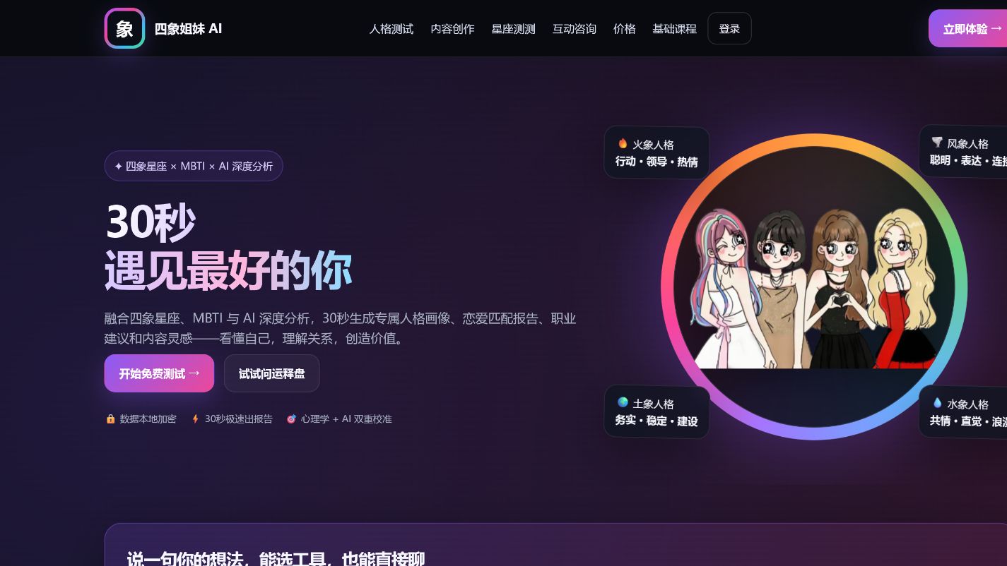 四象姐妹 AI 首页与顶部功能导航